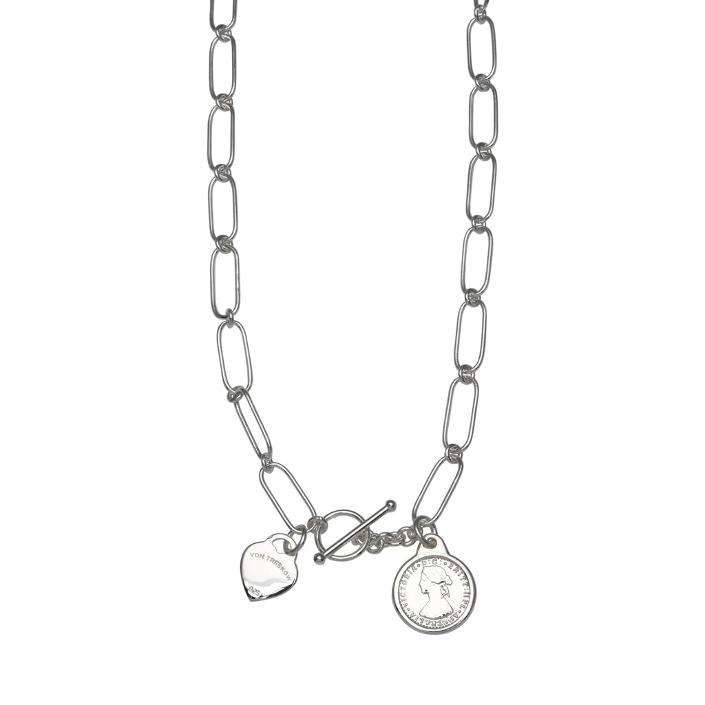 VT FINE OPEN CLIP CHAIN NECKLACE WITH VT FLAT HEART & MINI COIN
