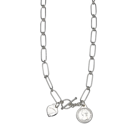 VT FINE OPEN CLIP CHAIN NECKLACE WITH VT FLAT HEART & MINI COIN
