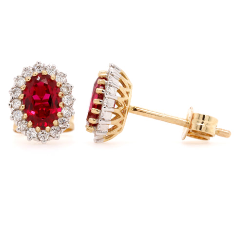 9ct Yellow Gold Vintage Style Created Ruby & Diamond Cluster Earrings - Duffs Jewellers