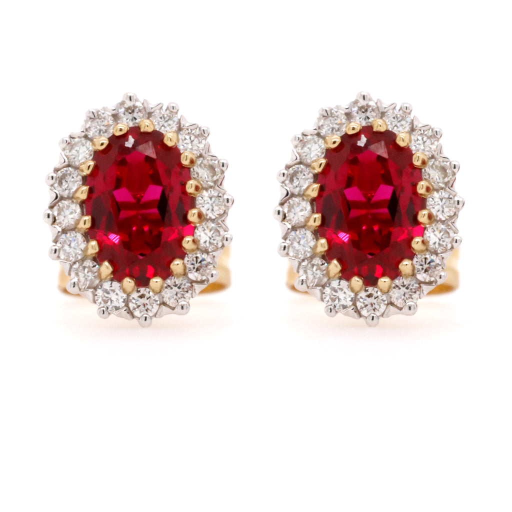 9ct Yellow Gold Vintage Style Created Ruby & Diamond Cluster Earrings - Duffs Jewellers