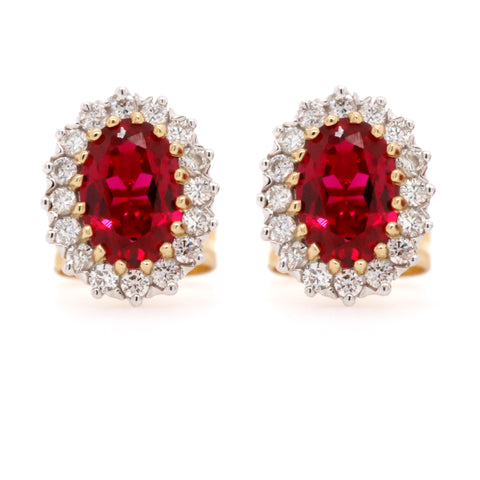 9ct Yellow Gold Vintage Style Created Ruby & Diamond Cluster Earrings - Duffs Jewellers
