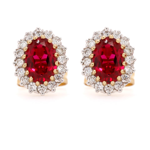 9ct Yellow Gold Vintage Style Created Ruby & Diamond Cluster Earrings - Duffs Jewellers
