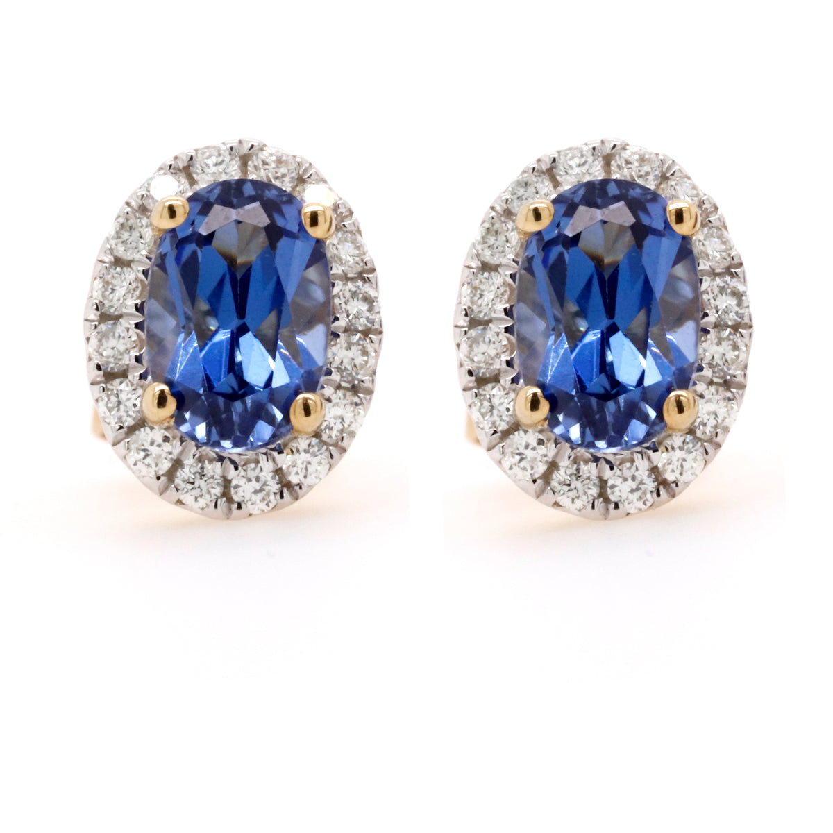 9ct Yellow Gold Created Sapphire & Diamond Halo Style Earrings - Duffs Jewellers