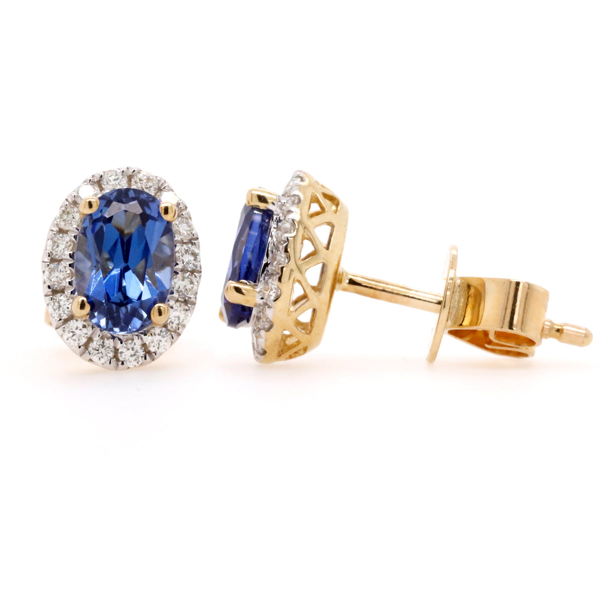 9ct Yellow Gold Created Sapphire & Diamond Halo Style Earrings - Duffs Jewellers