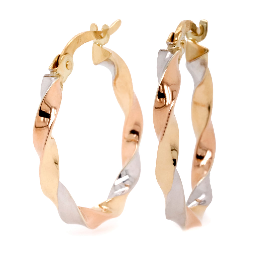 9ct Yellow White And Rose Gold Twist Style Hoop Earrings - Duffs Jewellers