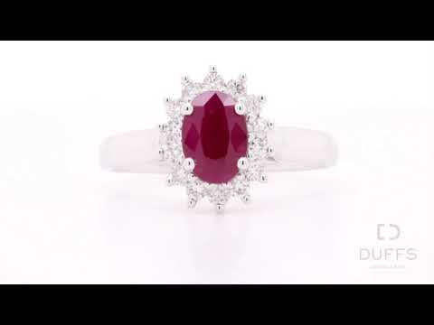 9ct White Gold Classic Cluster Style Natural Ruby & Diamond Ring