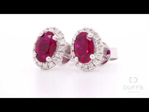 9ct White Gold Created Ruby And Diamond Halo Style Earrings